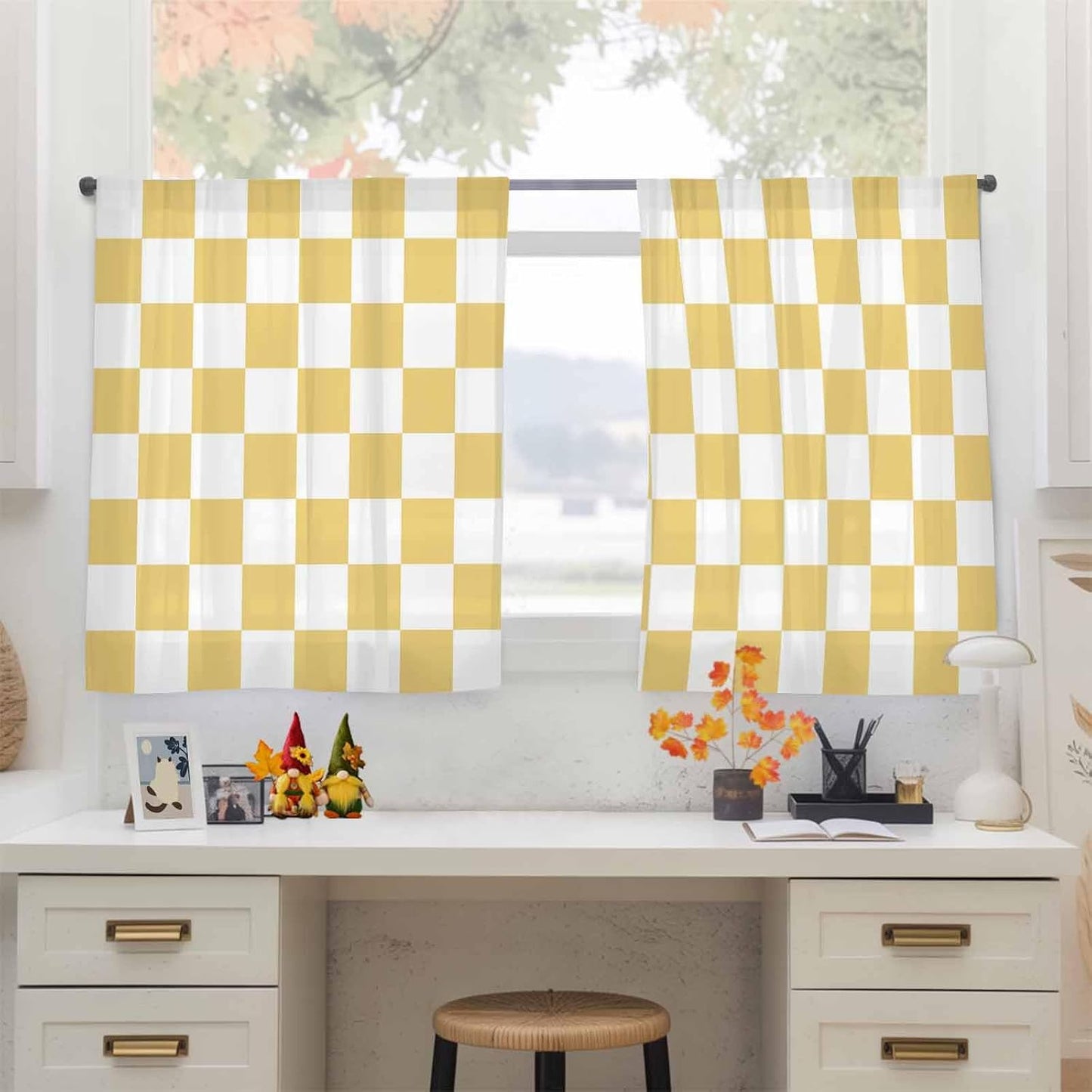 Lemon Yellow Checkered Sheer Curtains for Living Room Bedroom Geometric Yellow Buffalo Plaid Sheer Curtains 45 Inch Long 2 Panels Set Light Filtering Curtain Window Treatments Drapes for Dining Room