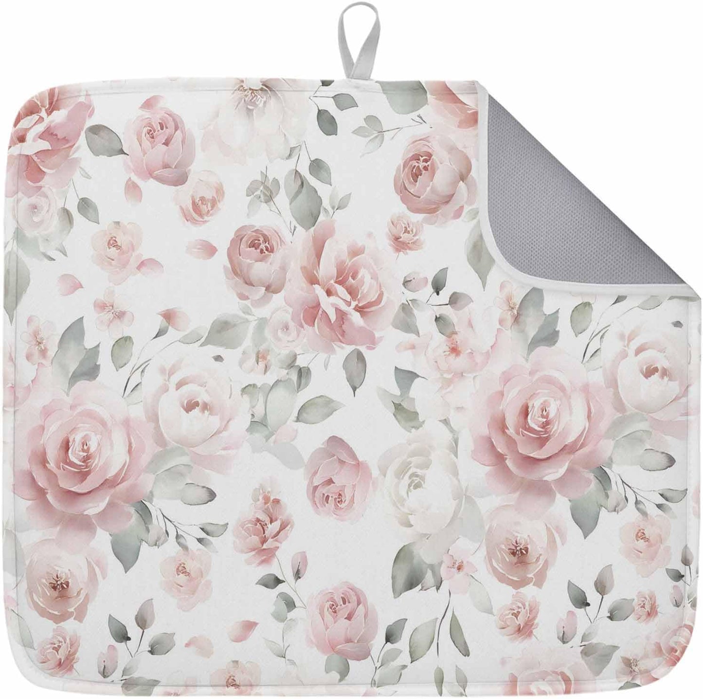 Light Pink Flowers Dish Drying Mat 1 Pack, Gray Leaf Spring Floral Farm Plant Absorbent Heat Insulating Kitchen Drying Pad Drainer Mats for Sink Counter Dishes 16 X 18 Inch