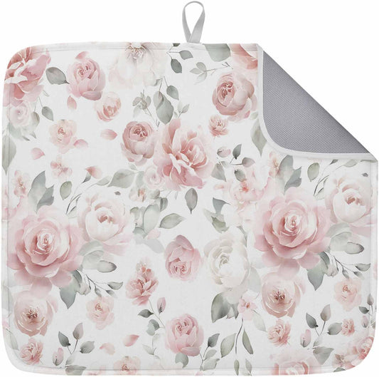 Light Pink Flowers Dish Drying Mat 1 Pack, Gray Leaf Spring Floral Farm Plant Absorbent Heat Insulating Kitchen Drying Pad Drainer Mats for Sink Counter Dishes 16 X 18 Inch