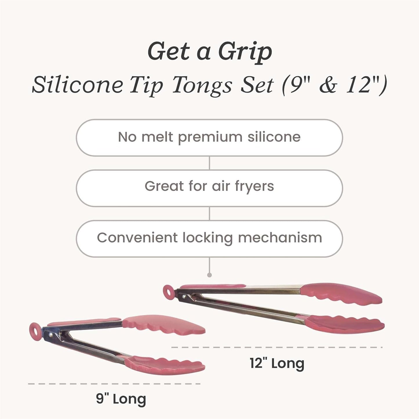 Starpack Get a Grip Silicone Kitchen Tongs (2-Pack, 9" + 12") - LFGB Non Toxic, 600°F Heat Resistant, BPA-Free - Heavy-Duty Stainless Steel, Locking - Dishwasher Safe for Nonstick Cookware Earthy Pink