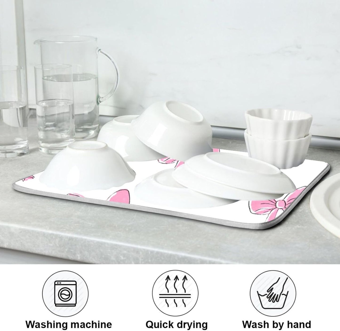 Cute Light Pink Bows Dish Drying Mat Absorbent Dishes Drainer Rack Mats Microfiber Reversible Dish Drying Pad Fast Dry Kitchen Accessories 16x18in For Kitchen Counter