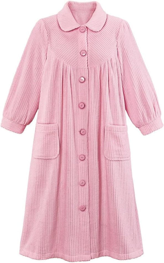 Collections Etc Plush Fleece Button Front Robe with Pockets, Collar