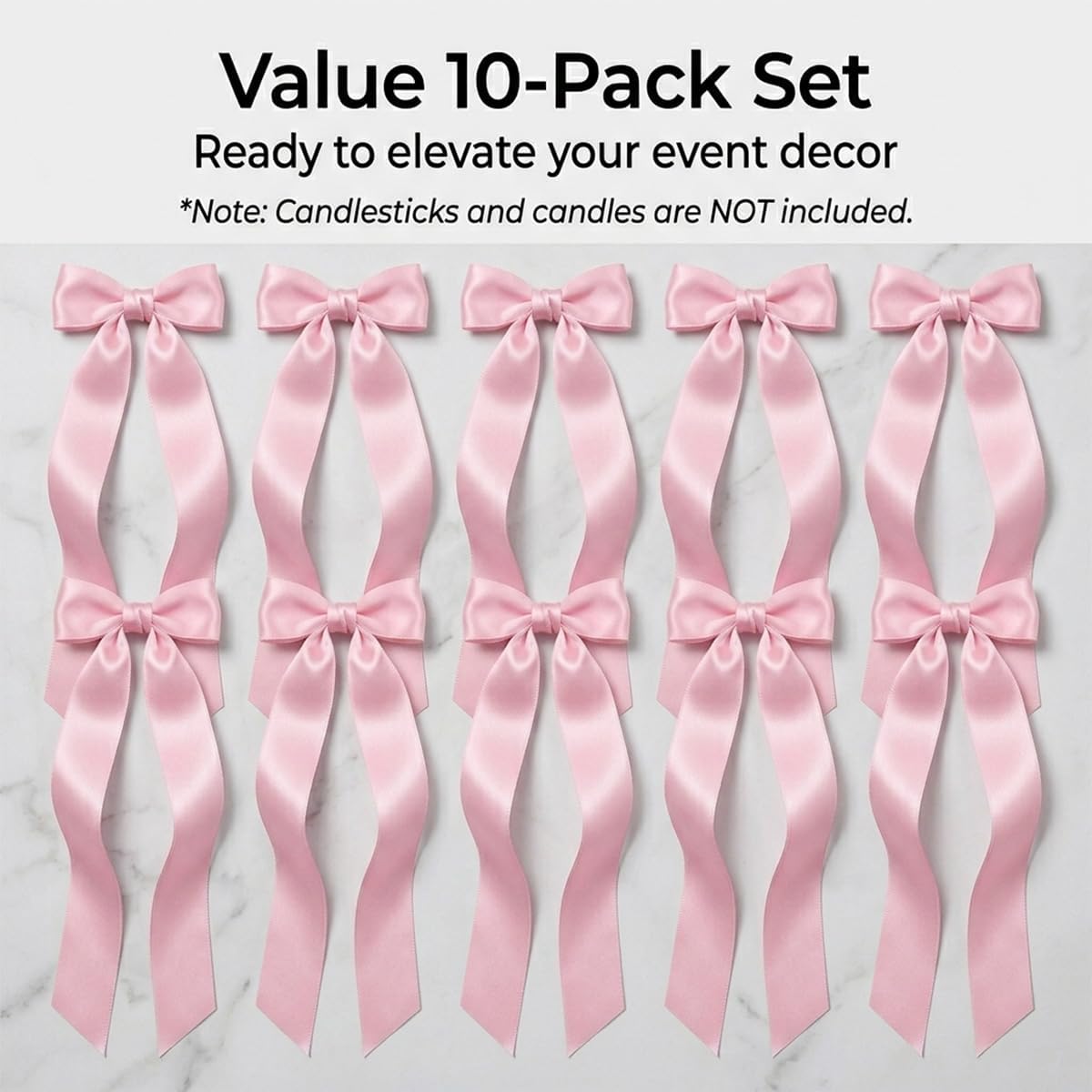 Pink Bows Decor for Candlesticks, 10 Pcs Long Tail Fabric Ribbon Bows for Candle Holder Decor, Pink Bow Decorations for Wedding Table Centerpieces, Home, Party and Holiday Styling