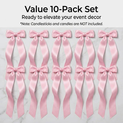 Pink Bows Decor for Candlesticks, 10 Pcs Long Tail Fabric Ribbon Bows for Candle Holder Decor, Pink Bow Decorations for Wedding Table Centerpieces, Home, Party and Holiday Styling