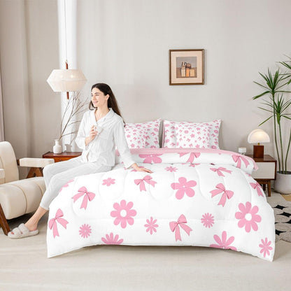 Feelyou Cute Bow Twin Comforter Set with Sheets for Kids Boys Girls Kawaii Flower Floral 7 Pieces Bedding Set Pink Bed in a Bag Room Decor Soft Lightweight Microfiber