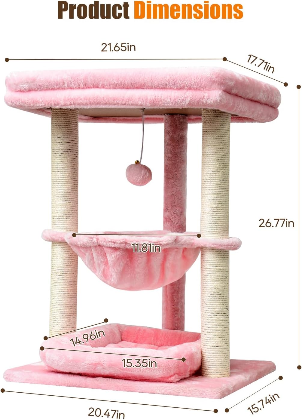 SYANDLVY Small Cat Tree for Indoor Cats with Top Perch, Middle Hammock & Bottom Bed, Natural Sisal Scratching Post Tower with Hanging Bell Ball & Anti-Tip Strap, Stable Indoor Cat Furniture, Pink