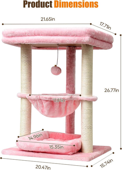SYANDLVY Small Cat Tree for Indoor Cats with Top Perch, Middle Hammock & Bottom Bed, Natural Sisal Scratching Post Tower with Hanging Bell Ball & Anti-Tip Strap, Stable Indoor Cat Furniture, Pink