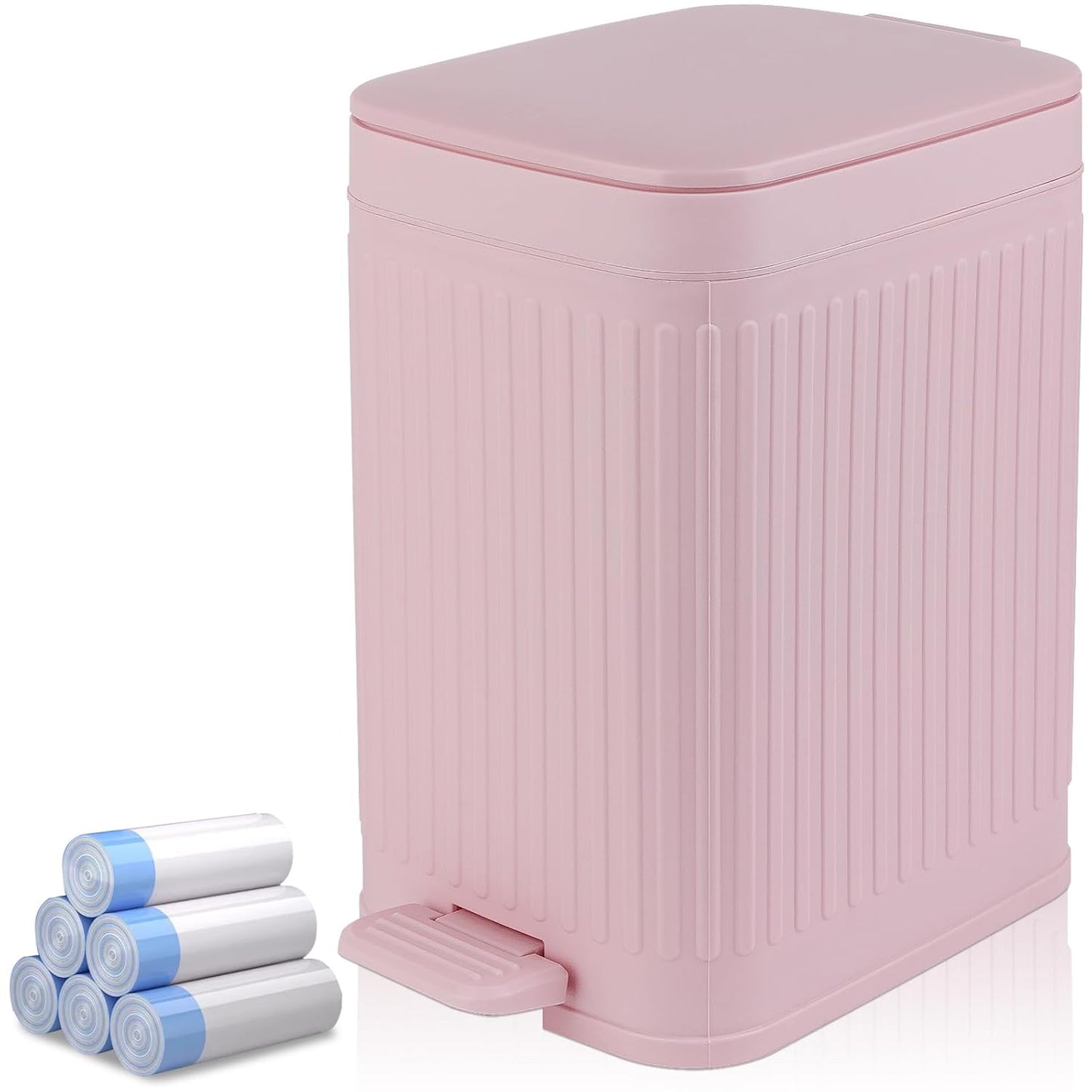 rejomiik Small Bathroom Trash Can with Lid 1.9 Gallon Step Trash Can Slim Garbage Can with Soft-Close Waste Bin for Bathroom, Bedroom, Office, Dorm, RV, Pink
