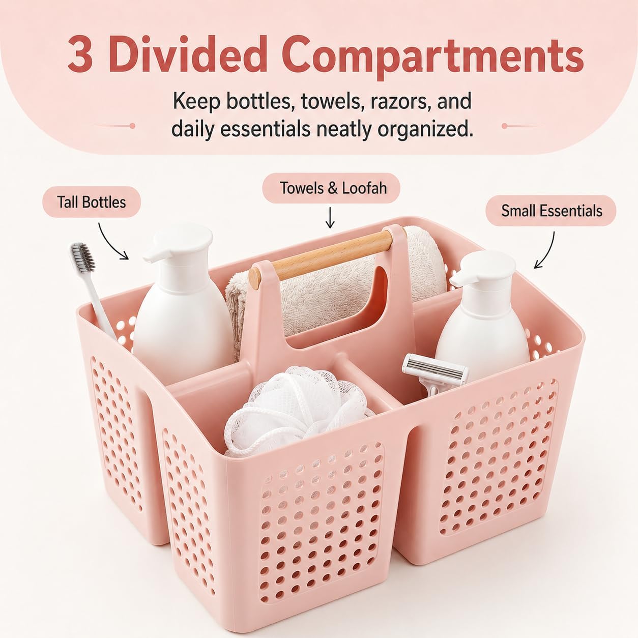 Portable Shower Caddy Basket with Wood Handle, 3-Compartment Bathroom Organizer Tote with Drain Holes, Plastic Shower Basket for Dorm, Toiletries, Cleaning Supplies, Pink