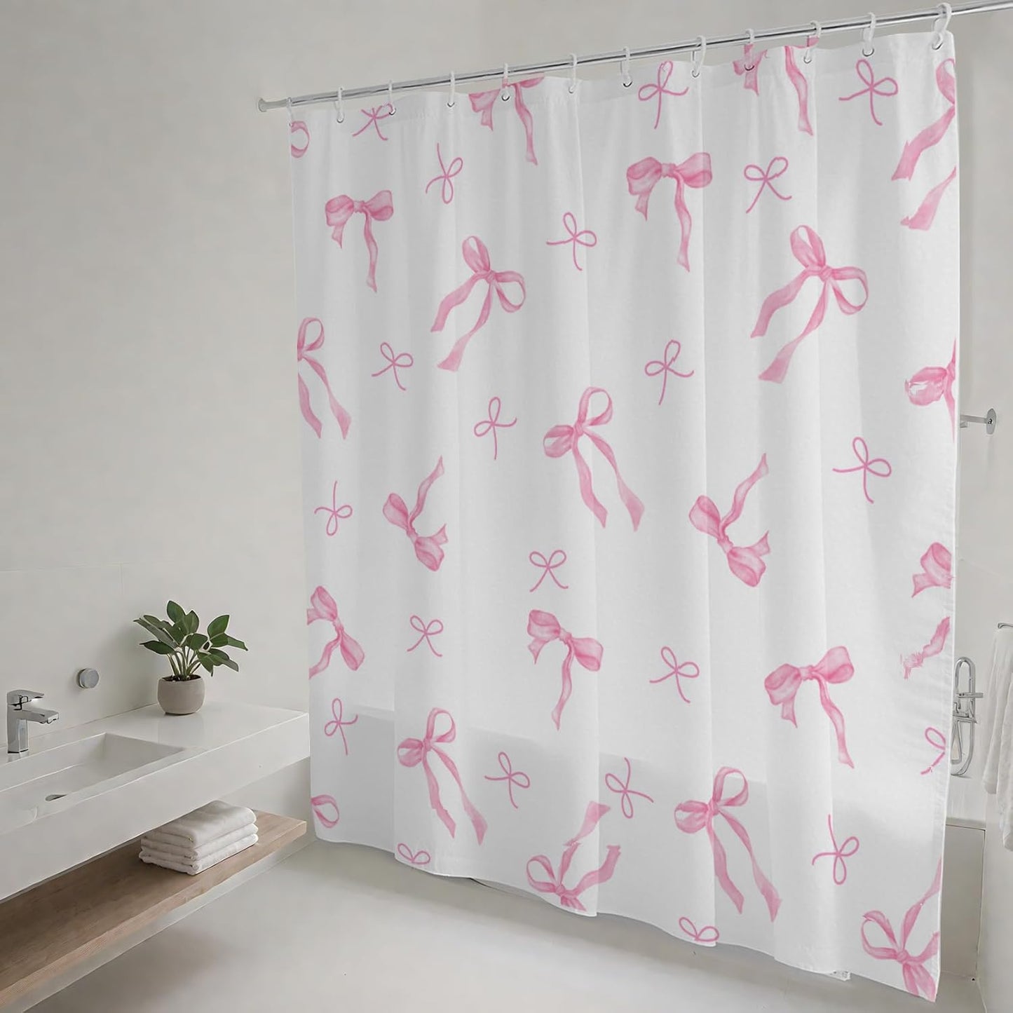 Mocsicka Pink Shower Curtain Coquette Preppy Bow Shower Curtain for Bathroom Modern Aesthetic Fabric Shower Curtain Set with Hooks 71x71 Inch (Pink, 71x71 inch)