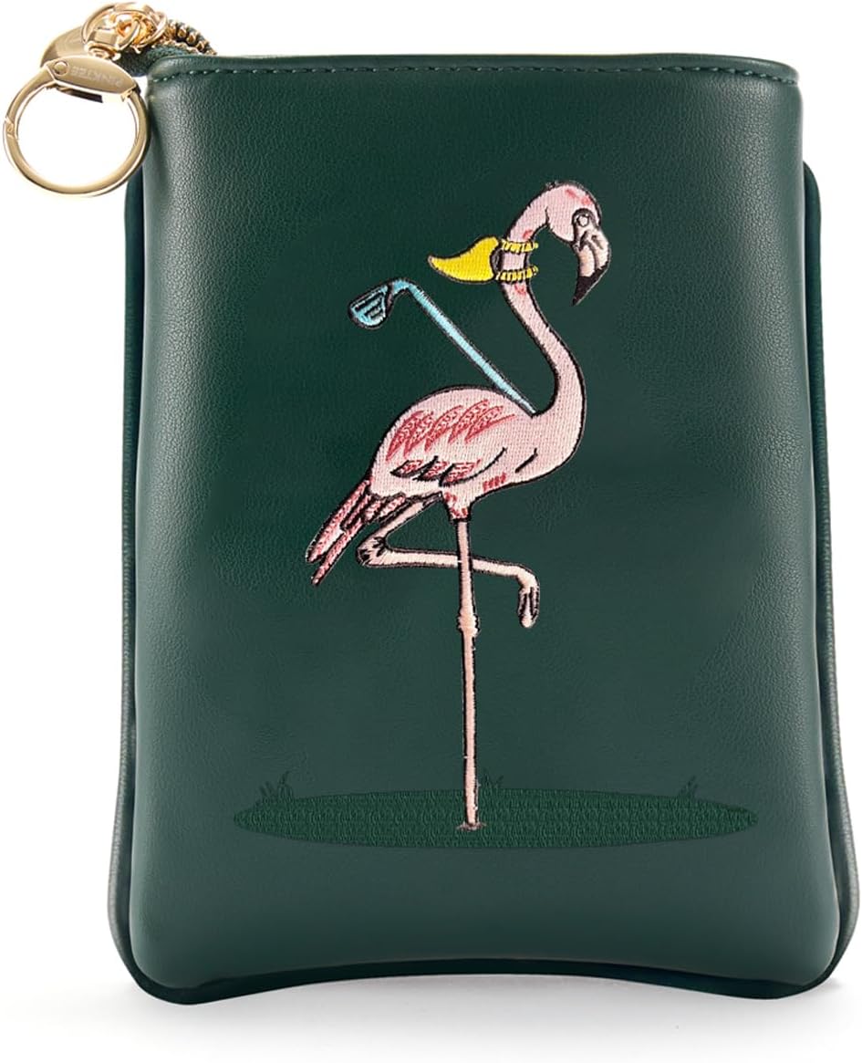 PINKTEE Golf Valuables Pouch Premiun Leather Tee Pouch Funny Golf Accessories Bag with Zipper Master Green for Women Men (Pink Stripe, FLAMINGO)