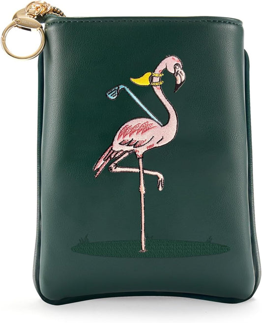 PINKTEE Golf Valuables Pouch Premiun Leather Tee Pouch Funny Golf Accessories Bag with Zipper Master Green for Women Men (Pink Stripe, FLAMINGO)
