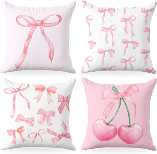 4 PCs Pillow Covers 18x18, Coquette Throw Pillow Covers, Pink Bow Decor Preppy Cherry Pillow Cases Aesthetic Bow Stuff Decorative Pillow Protectors Girls Room Bathroom Home Decor for Cushion Couch Bed