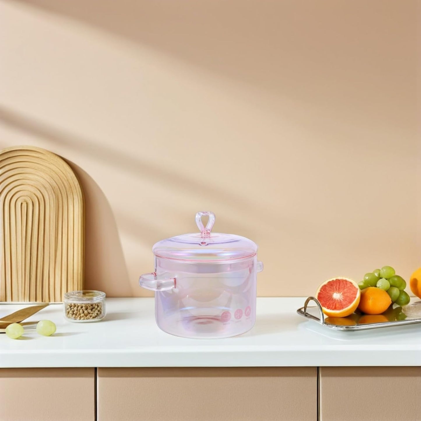 Pink Glass Saucepan with Cover,50oz/ 1500ml Double-handle Stew Pot with Lid Heat-resistant Glass Soup Pot for Home Cooking
