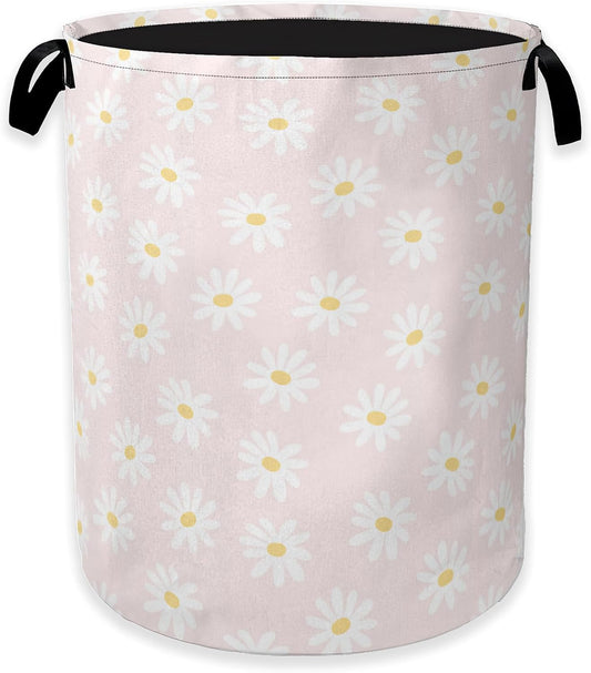 Pink Daisy Flower Laundry Hamper,Spring Floral Clothes Hamper for Laundry,Waterproof Oxford Toy Storage Collapsible Hampers for Bedroom, Dorm Room,Bathroom,16x20 Inch
