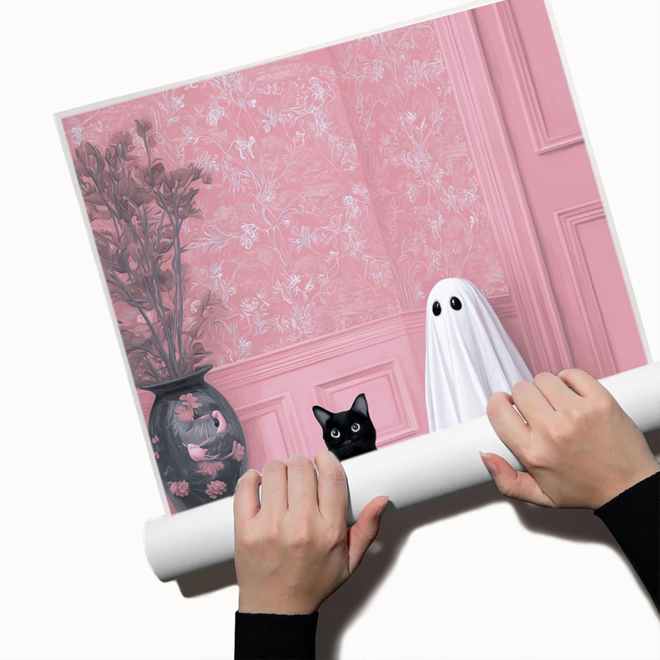Cute Ghost and Black Cat Wall Art – Pink Halloween Decor with Whimsical Spirit in Floral Room, Spooky Canvas Print for Girly Bedroom or Living Room 12x16in Unframed