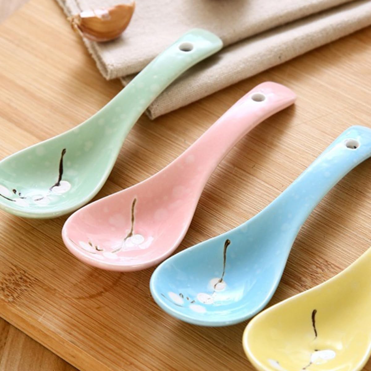 6pcs Japanese Ceramic Porridge Spoons Pink Small Soup Spoons Household Kitchen Utensils for Dining and Restaurant Use