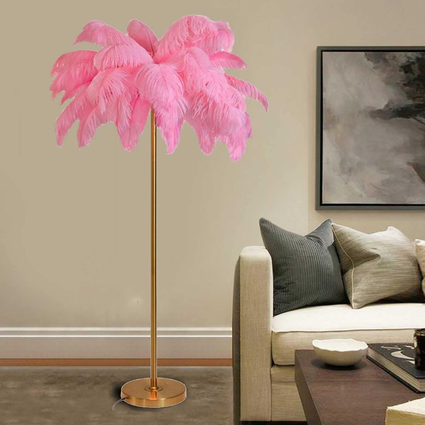 Elegant Nordic Natural Ostrich Feather Floor Lamps,Palm Tree Standing Light, Living Room Office Princess Bedroom Bedside Lamp, Decor Lighting (Pink)