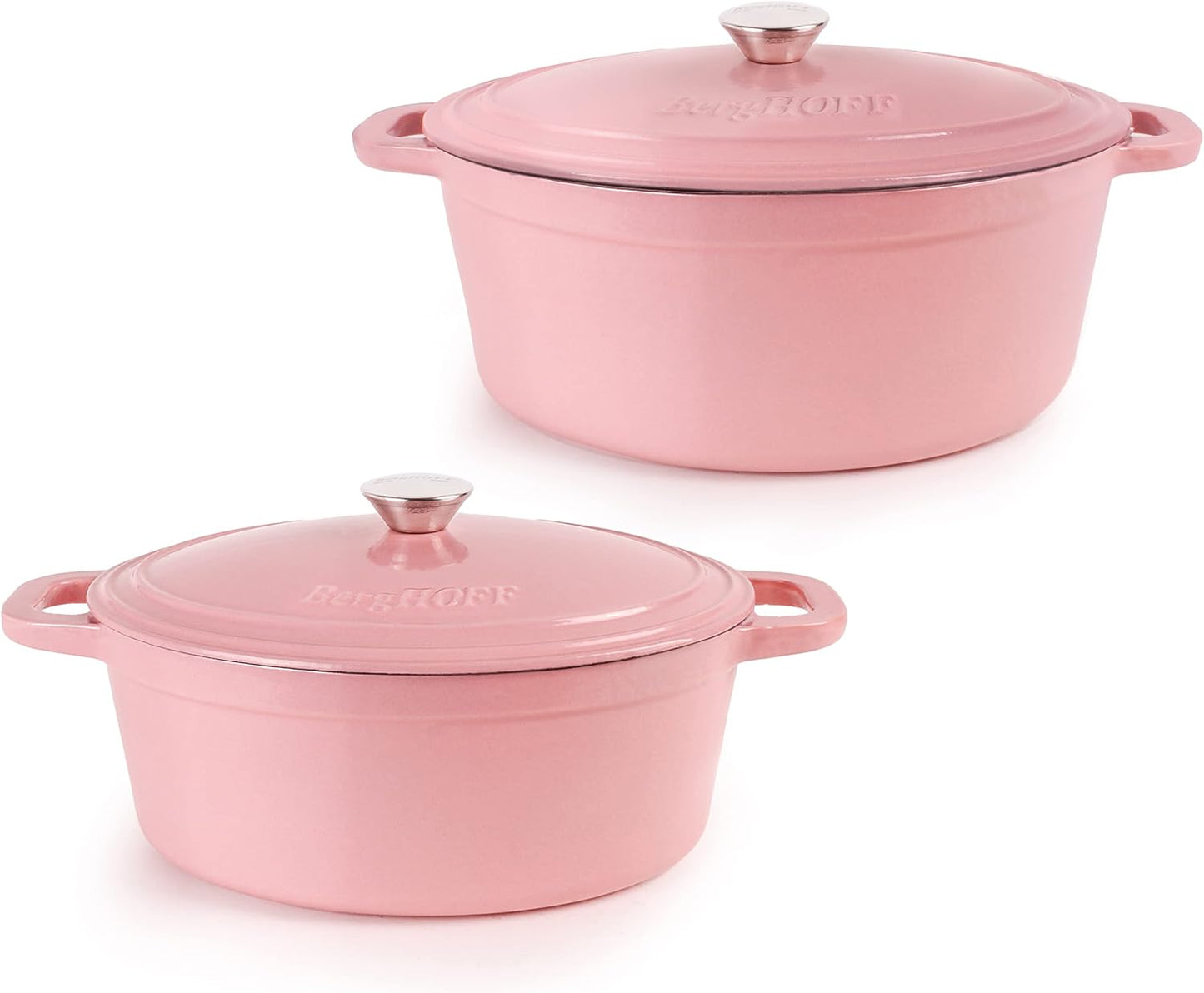 BergHOFF 4Pc Neo Enameled Cast Iron Cookware Set, 5qt., 8qt. Oval Dutch Ovens, Cast Iron Lid, Oven Safe Up To 400°F, Pink