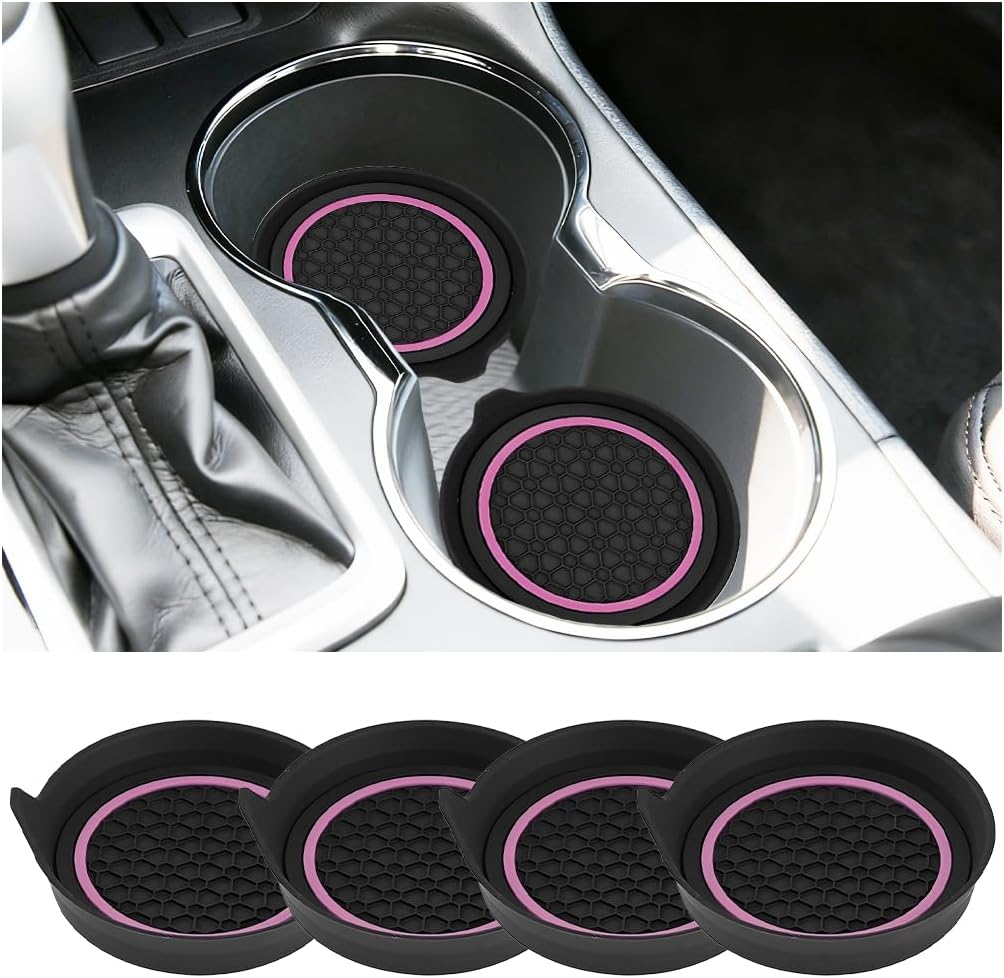 4PCS Car Cup Holder Coasters, Silicone Anti-Slip Vehicle Cup Recessed Mats, Sift-Proof Automotive Interior Insulation Drink Cup Pad Accessories, Universal Fit (Pink/Black)