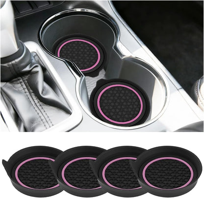 4PCS Car Cup Holder Coasters, Silicone Anti-Slip Vehicle Cup Recessed Mats, Sift-Proof Automotive Interior Insulation Drink Cup Pad Accessories, Universal Fit (Pink/Black)
