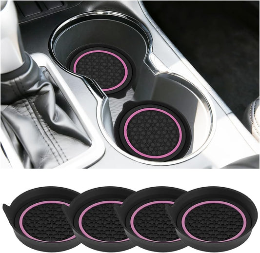 4PCS Car Cup Holder Coasters, Silicone Anti-Slip Vehicle Cup Recessed Mats, Sift-Proof Automotive Interior Insulation Drink Cup Pad Accessories, Universal Fit (Pink/Black)