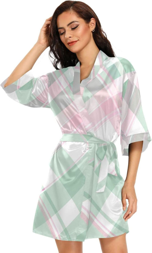 Ladies Mint Green Pink Check Bathrobes Warm Nightgowns for Women Home Beach