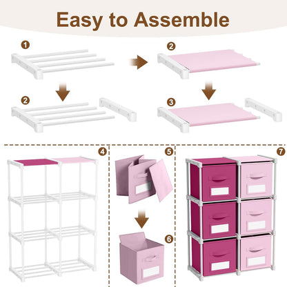 Geelin 6 Pink Cube Storage Organizer with Fabric Bins and Labels, 11 Inch Collapsible Toy Organizer Shelf Storage Bins Dresser Drawer for Girls Bedroom Nursery Playroom Room Decor