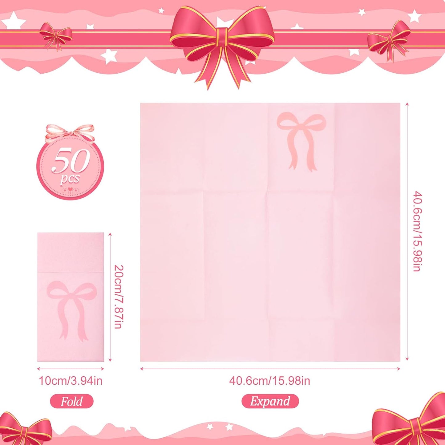 60 Pcs Pink Bow Paper Napkins Linen Napkins with Built-in Flatware Pocket Christmas Coquette Cute Disposable Hand Towels for Silverware Dinner Wedding Baby Shower Birthday Party