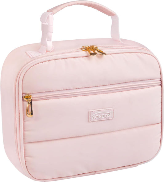 Aosbos Insulated Lunch Bag for Women - Cute Small Quilted Lunch Box Cooler for Work, Office, Picnic - Soft, Portable Adult Lunch Bags, Pink