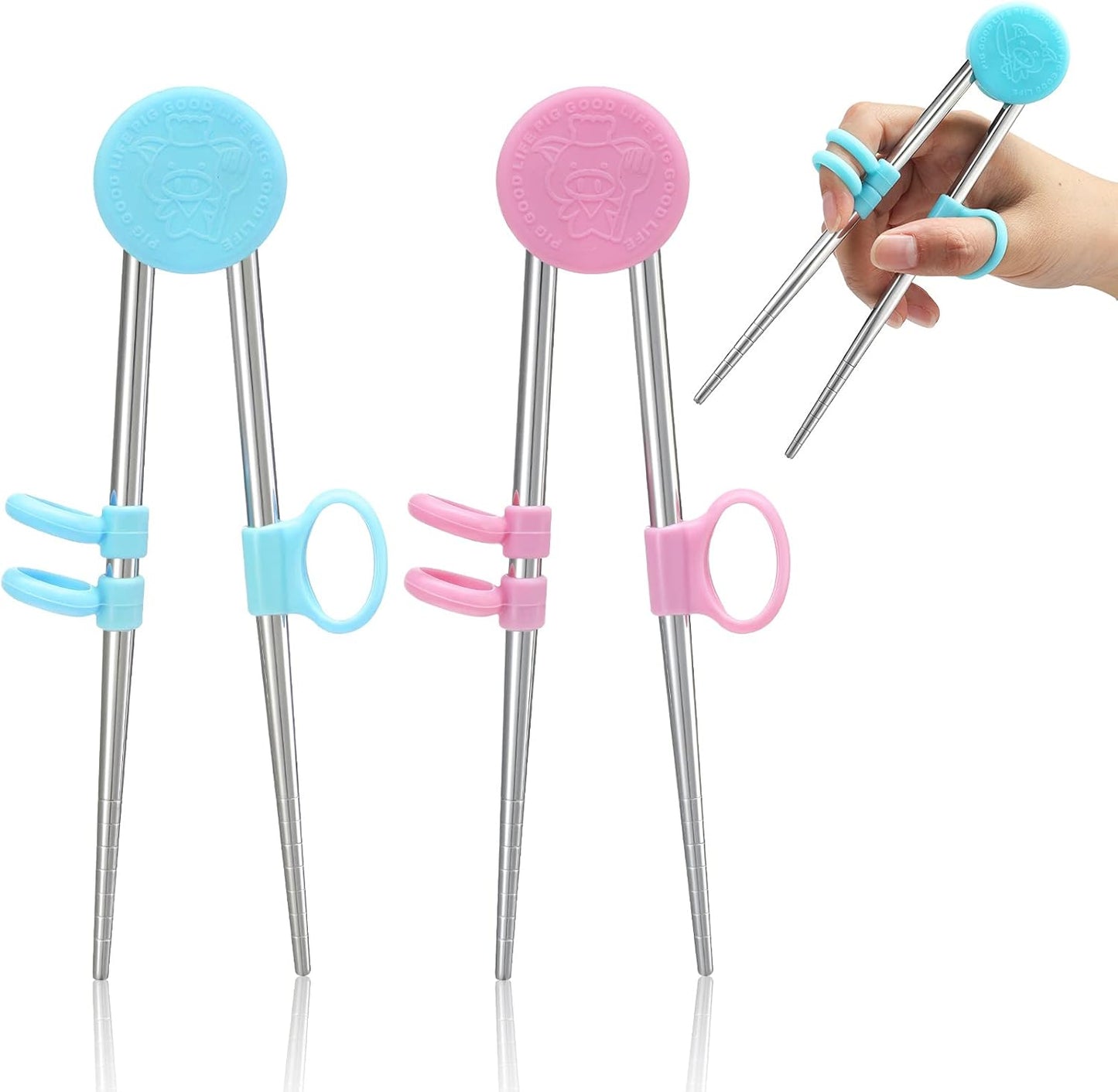 Patelai 2 Pairs Training Chopsticks for Kids, Children Learning Stainless Steel Reusable Metal Chopsticks Helper(Blue, Pink)