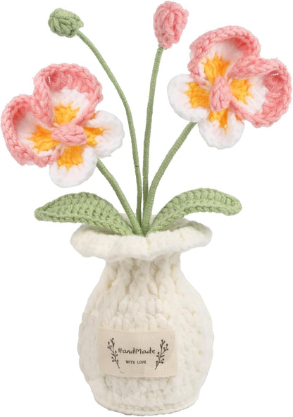 Cute Mini Crochet Orchid Potted Plants Handmade Knitted Artificial Phalaenopsis Orchid Flowers for Desk Accessories Graduation Appreciation Birthday for Women(Pink)