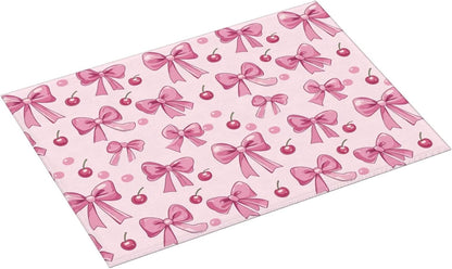 Dish Drying Mat for Kitchen Pink Bow Pattern Cherry Counter Absorbent Dishes Drainer Microfiber Large 18x24 Inch