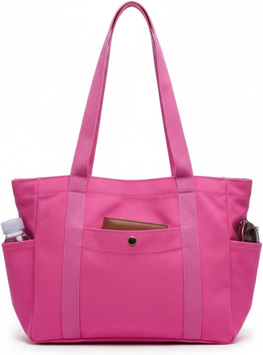 Medium Canvas Tote Bag with Zipper & Multi-Pocket, Heavy Duty Reusable Canvas Purse for Women Men Work Handbag