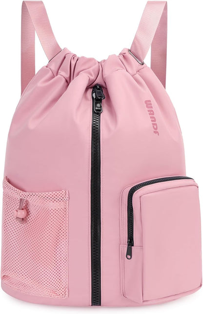 WANDF Drawstring Backpack Sports Gym Bag with Shoes Compartment, Water-Resistant String Beach Sackpack Swim Bag for Women and Men (Pink) | with Shoes Compartment