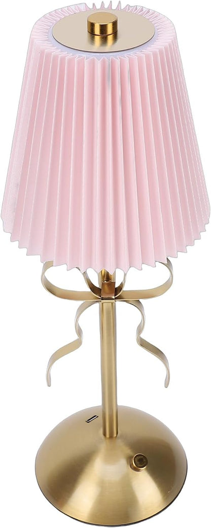 Cordless Table Lamp, 13 Inch Bow Table Lamp, Small Desk Lamp with Fabric Shade, Modern Decorative Bedside Light Small Princess Desk Lighting for Girls Room Princess Room Bedrooms (Pink)
