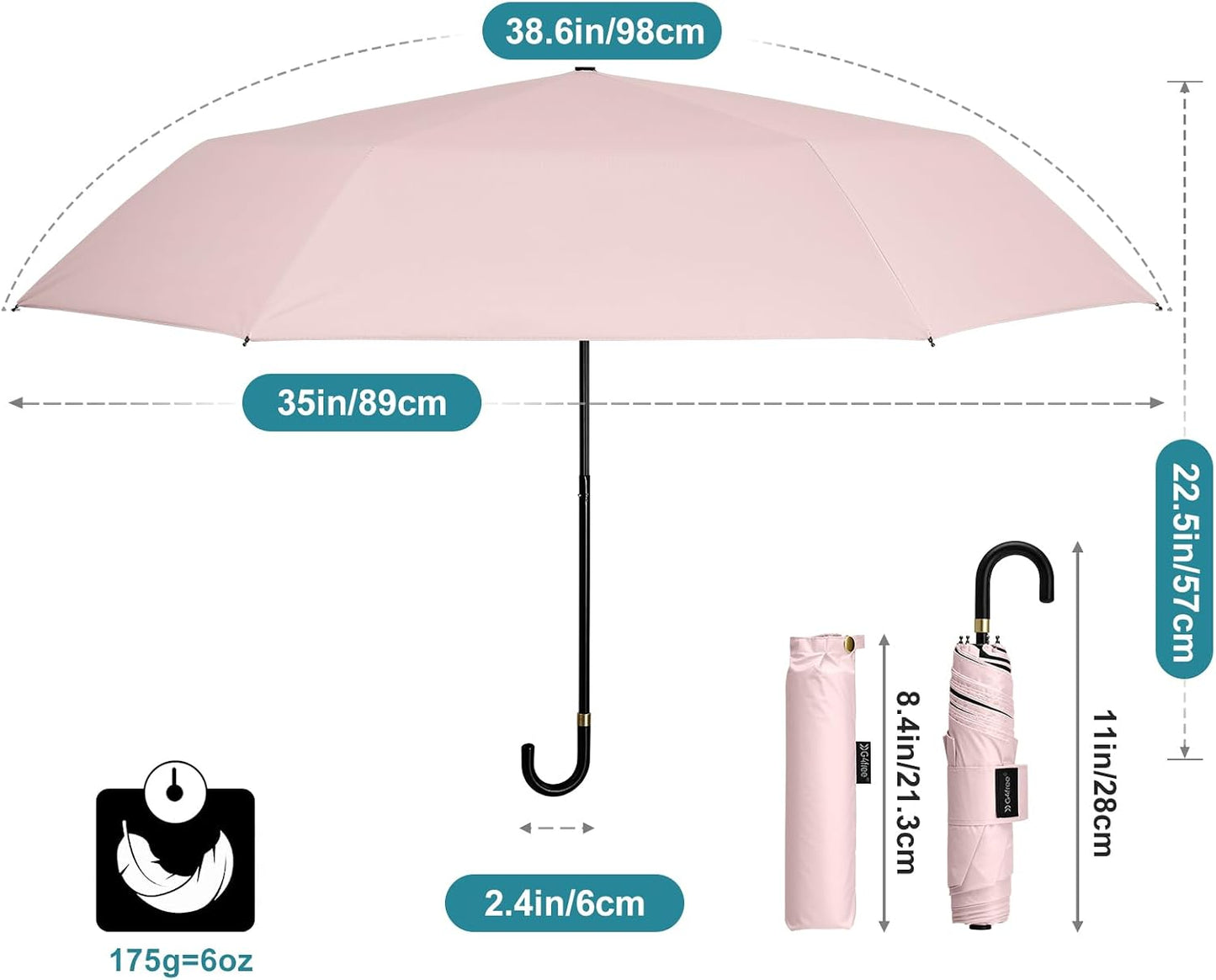 G4Free Mini Travel Umbrella UPF 50+ Ultralight Slim UV Protection Parasol, Windproof Compact Umbrella for Sun & Rain, Portable with J Hook Curved Handle Japanese Style for Women