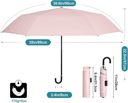G4Free Mini Travel Umbrella UPF 50+ Ultralight Slim UV Protection Parasol, Windproof Compact Umbrella for Sun & Rain, Portable with J Hook Curved Handle Japanese Style for Women