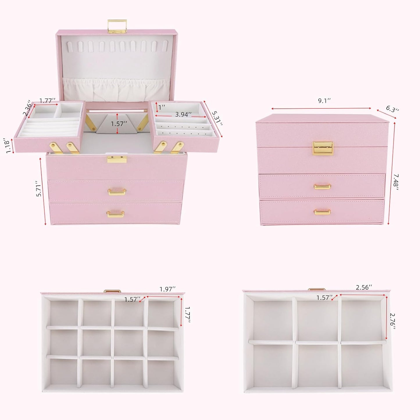 Dajasan Jewelry Organizer Box, Large Jewelry Boxes for Girls, Space-Saving 4 Layers Jewelry Storage Case with Drawer, Gift for Women, Movable Metal Stand, Modern (Pink+ Gold)