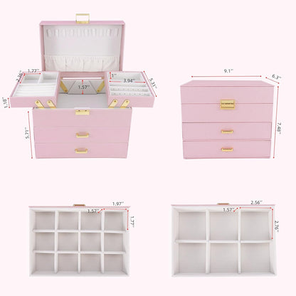 Dajasan Jewelry Organizer Box, Large Jewelry Boxes for Girls, Space-Saving 4 Layers Jewelry Storage Case with Drawer, Gift for Women, Movable Metal Stand, Modern (Pink+ Gold)