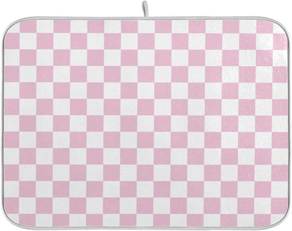 Light Pink White Checkered Dish Drying Mat for Kitchen Counter Absorbent Reversible Microfiber Drying Pad Countertop Drainer Mats, Small 16 x 18 inch