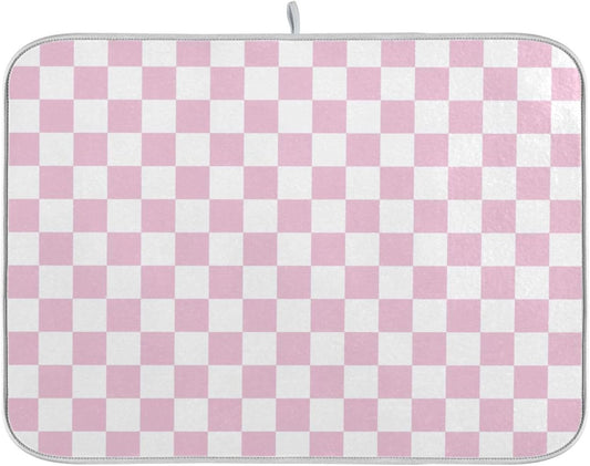 Light Pink White Checkered Dish Drying Mat for Kitchen Counter Absorbent Reversible Microfiber Drying Pad Countertop Drainer Mats, Small 16 x 18 inch
