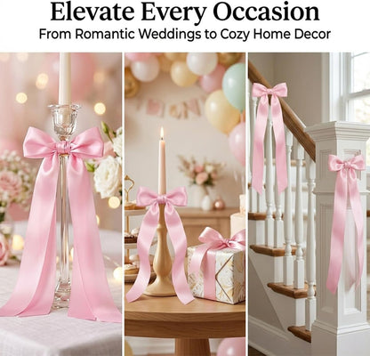 Pink Bows Decor for Candlesticks, 10 Pcs Long Tail Fabric Ribbon Bows for Candle Holder Decor, Pink Bow Decorations for Wedding Table Centerpieces, Home, Party and Holiday Styling