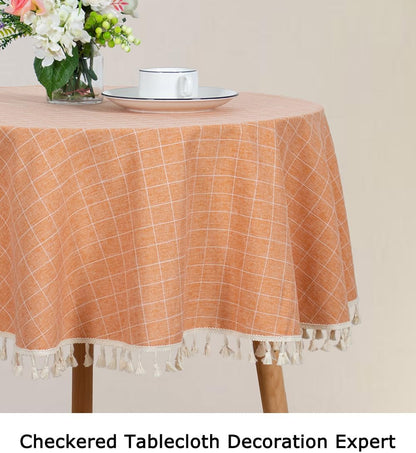 ShinyBeauty Round Tablecloth Cotton Linen Tablecloth Wrinkle Free Dust-Proof Table Cloth Washable Rustic Lattice Table Cloth 55" Coral Stitching Tassel Cotton Tablecloth for Home Kitchen Party Holiday