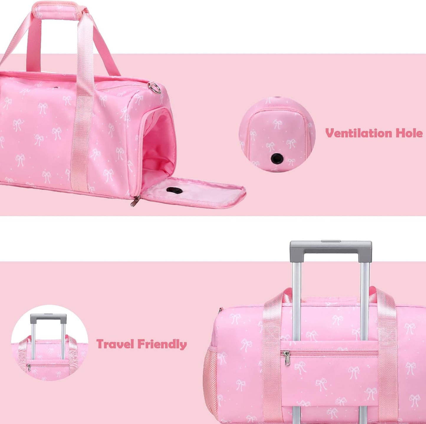 Girls Bow Duffle Bag, Pink Girls Women Dance Sports Gym Ballet Bag with Wet & Shoe Compartments for Travel Overnight Sleepover Weekender Carry On with Trolley Sleeve