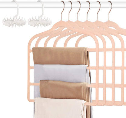 Tinfol Velvet Pants Hanger Space Saving with Hook, 6pc 4 Layers Non-Slip Jeans Hangers, Pink Multiple Clothes Hangers Closet Storage Organizer forJeans Scarf Towels Tie Towel