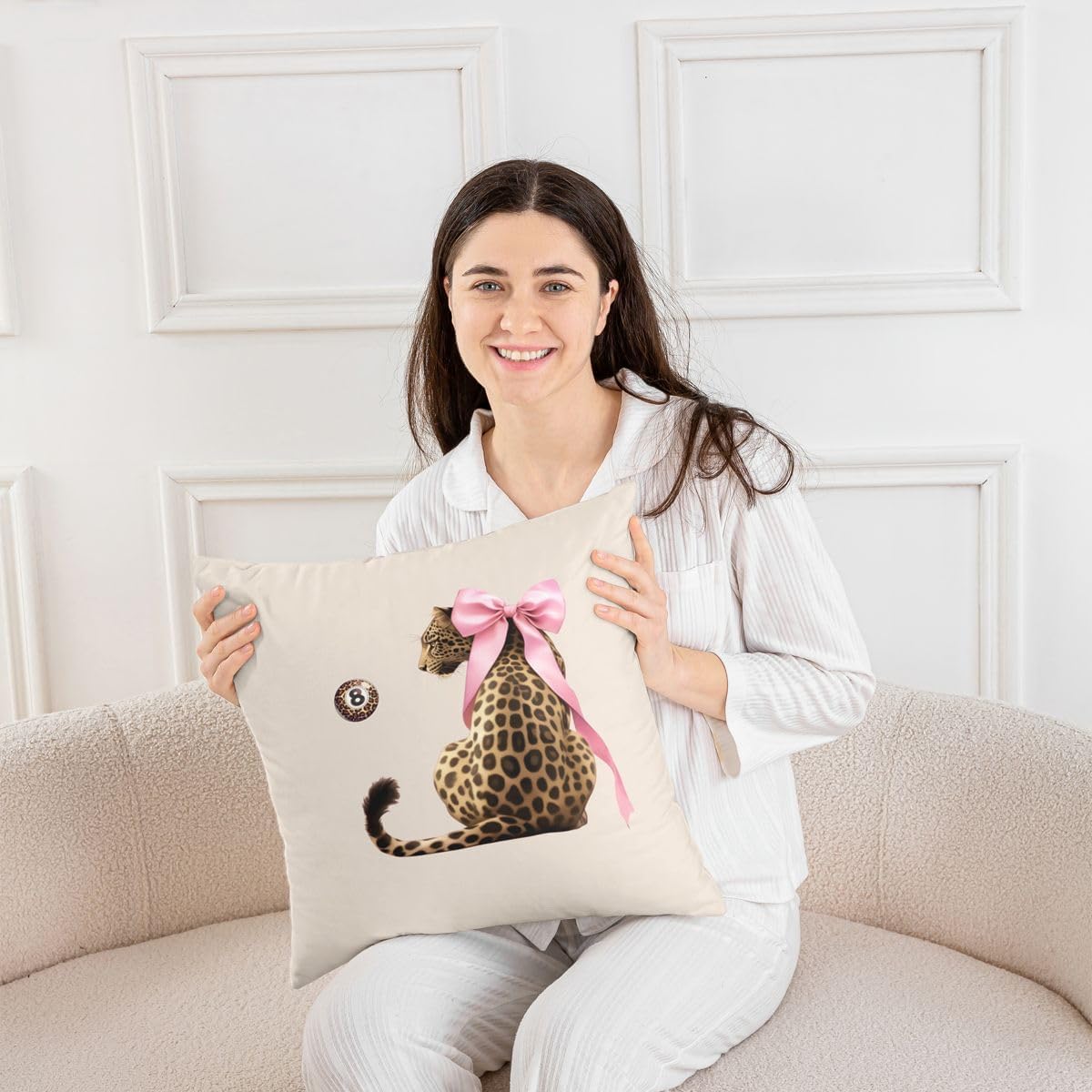 Manfei Pink Bow Cheetah Throw Pillow Cover Brown Leopard Lucky 8 Ball Double Sides Pillow Case for Kids Boys Girls Room Decor,Wild Animal Theme Cushion Cover for Bed Couch Sofa,1 Pack 24"x24"