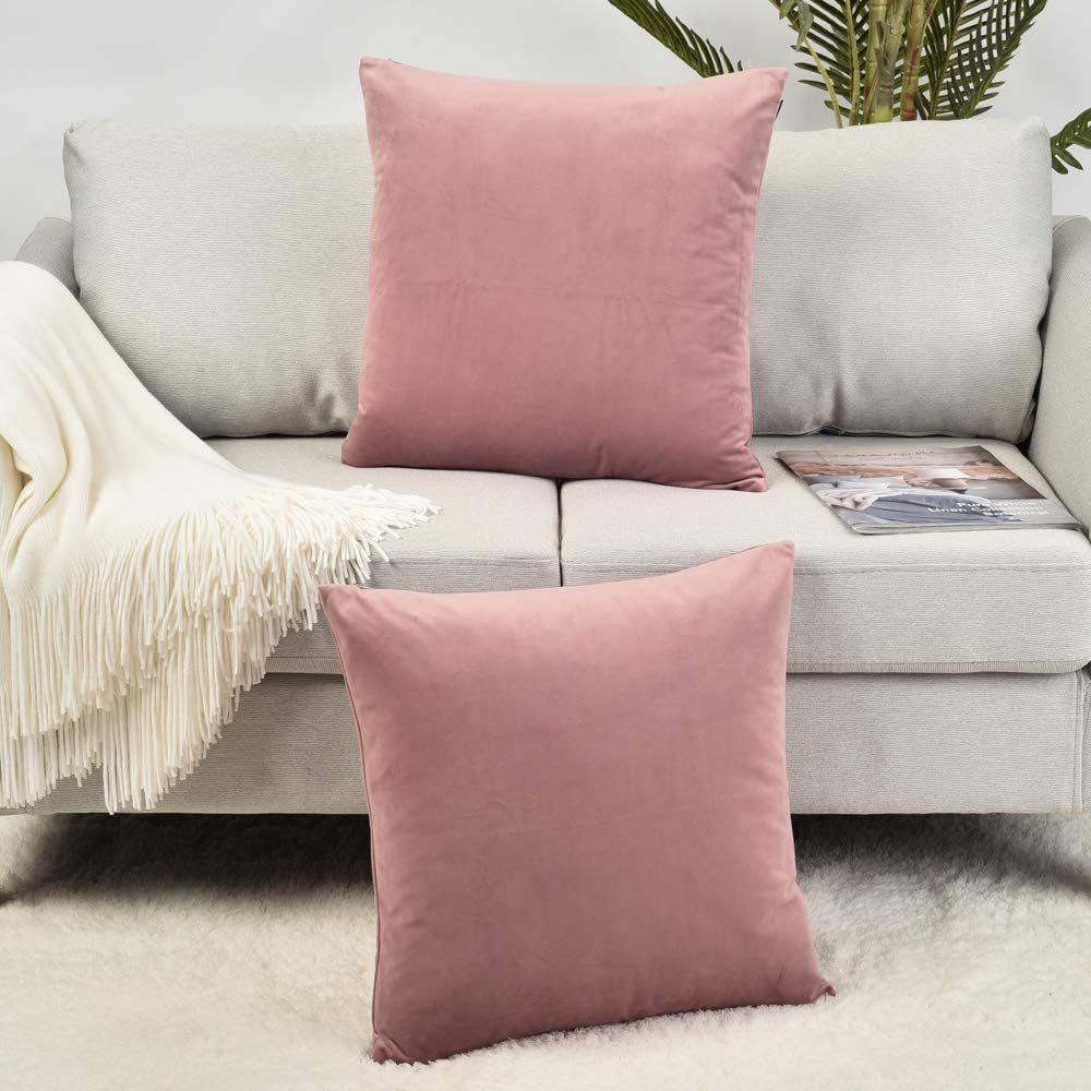 Set of 2 Comfortable Throw Pillow Cover for Bedding, Decorative Accent Cushion Sham Case for Couch Sofa, Soft Solid Velvet with Zipper Hidden - 18"x18", Mauve Pink