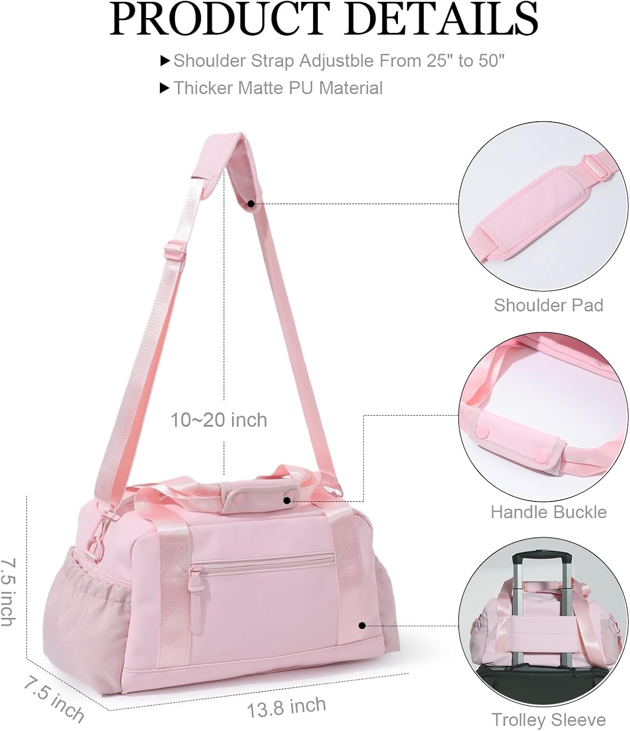 Bucosd Small Gym Bag for Women, Mini Crossbody Gym Duffle Bag with Wet Compartment, Carry on Gym Tote Bag for Workout Dance Sport Travel (Medium-Pink)