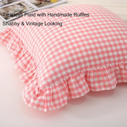 Silnuo Pink Plaid Ruffle Throw Pillow Covers Set of 2,Shabby Washed Cotton Checkered Gingham Pillow Shams Decorative Pillowcases for Sofa,Couch,Liviing Room